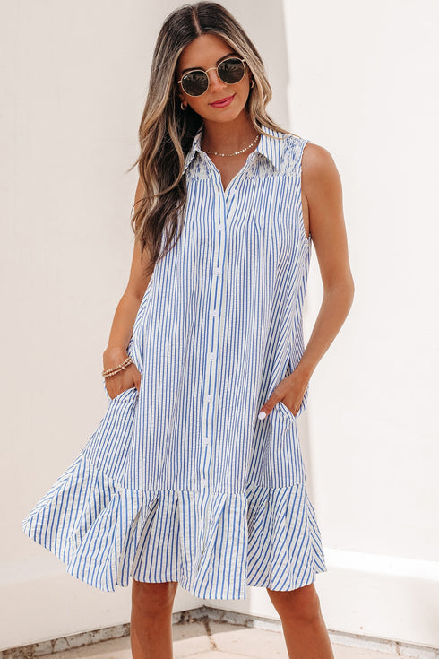 Stripe Shirt Collar Shirred Ruffle Hem Sleeveless Mini Dress