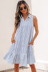 Stripe Shirt Collar Shirred Ruffle Hem Sleeveless Mini Dress