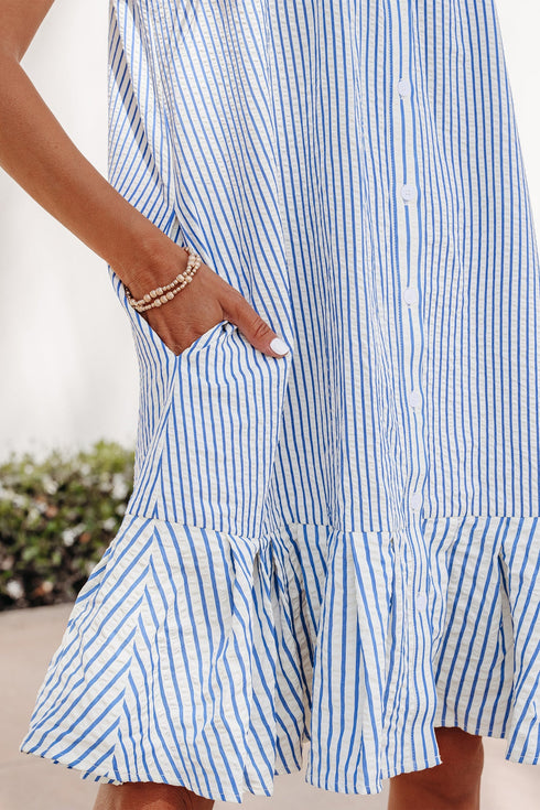 Stripe Shirt Collar Shirred Ruffle Hem Sleeveless Mini Dress