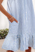 Stripe Shirt Collar Shirred Ruffle Hem Sleeveless Mini Dress
