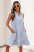 Stripe Shirt Collar Shirred Ruffle Hem Sleeveless Mini Dress