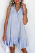 Stripe Shirt Collar Shirred Ruffle Hem Sleeveless Mini Dress