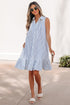 Stripe Shirt Collar Shirred Ruffle Hem Sleeveless Mini Dress