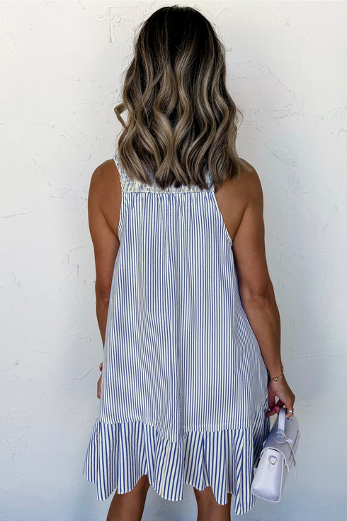 Stripe Shirt Collar Shirred Ruffle Hem Sleeveless Mini Dress