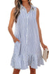 Stripe Shirt Collar Shirred Ruffle Hem Sleeveless Mini Dress