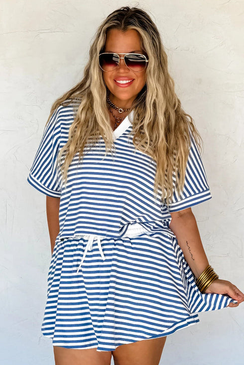 Stripe Short Sleeve V Neck Plus Size Loungewear Set