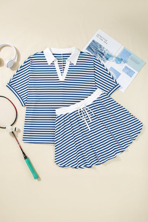 Stripe Short Sleeve V Neck Plus Size Loungewear Set