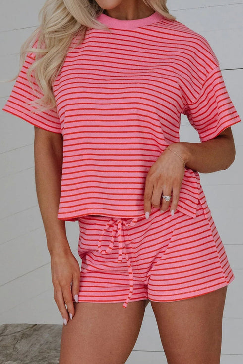 Stripe Side Split Knit Tee Drawstring Short Sets