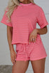Stripe Side Split Knit Tee Drawstring Short Sets