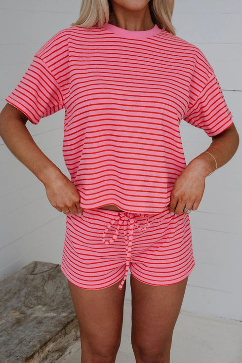 Stripe Side Split Knit Tee Drawstring Short Sets