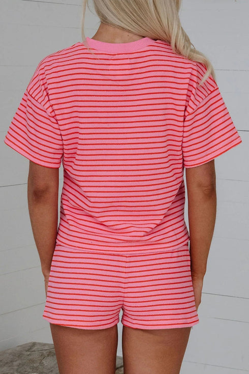 Stripe Side Split Knit Tee Drawstring Short Sets