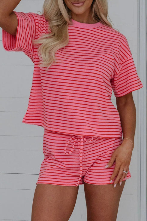 Stripe Side Split Knit Tee Drawstring Short Sets