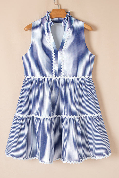 Stripe Sleeveless Notched V Neck Contrast Ric Rac Mini Dress
