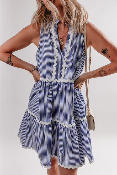 Stripe Sleeveless Notched V Neck Contrast Ric Rac Mini Dress