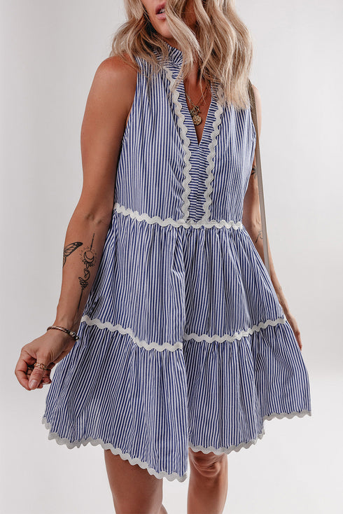 Stripe Sleeveless Notched V Neck Contrast Ric Rac Mini Dress