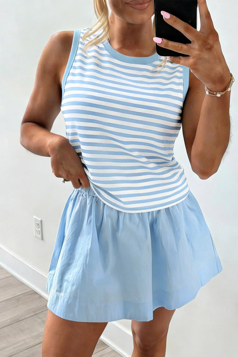 Stripe Slim Tank Contrast Ruffle Skort Two Piece Dress
