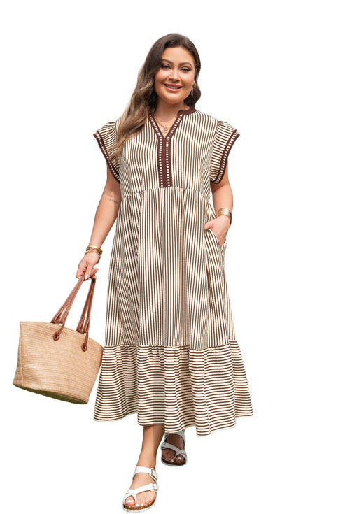 Stripe Slit V Neck Tiered Flutter Sleeve Maxi Dress
