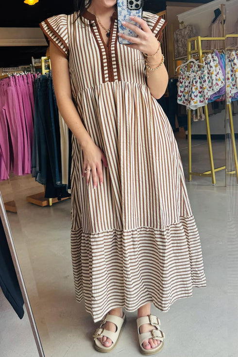 Stripe Slit V Neck Tiered Flutter Sleeve Maxi Dress
