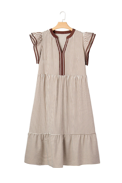 Stripe Slit V Neck Tiered Flutter Sleeve Maxi Dress