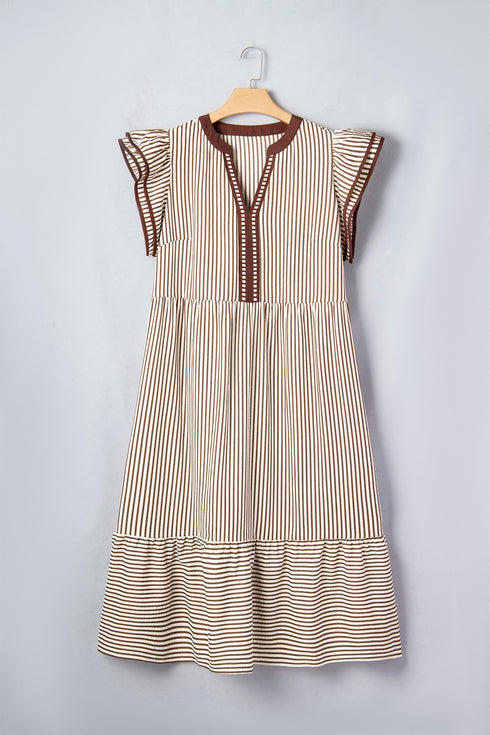Stripe Slit V Neck Tiered Flutter Sleeve Maxi Dress