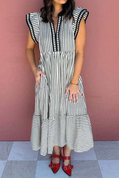 Stripe Slit V Neck Tiered Flutter Sleeve Maxi Dress
