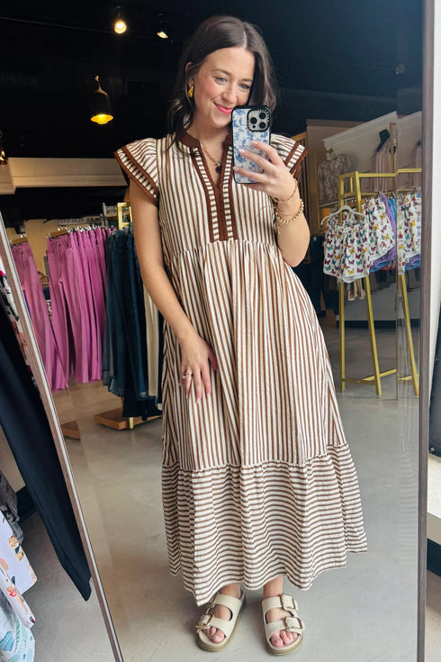 Stripe Slit V Neck Tiered Flutter Sleeve Maxi Dress