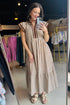 Stripe Slit V Neck Tiered Flutter Sleeve Maxi Dress