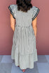 Stripe Slit V Neck Tiered Flutter Sleeve Maxi Dress