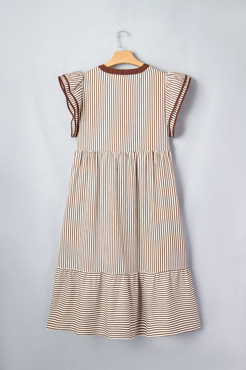 Stripe Slit V Neck Tiered Flutter Sleeve Maxi Dress