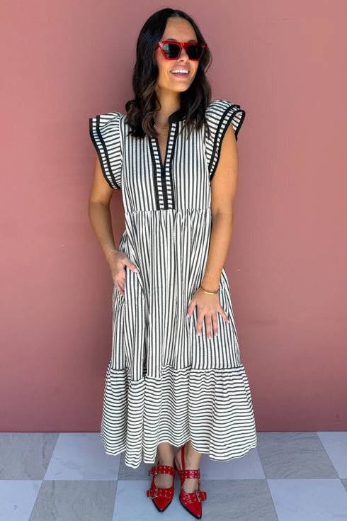 Stripe Slit V Neck Tiered Flutter Sleeve Maxi Dress