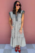 Stripe Slit V Neck Tiered Flutter Sleeve Maxi Dress