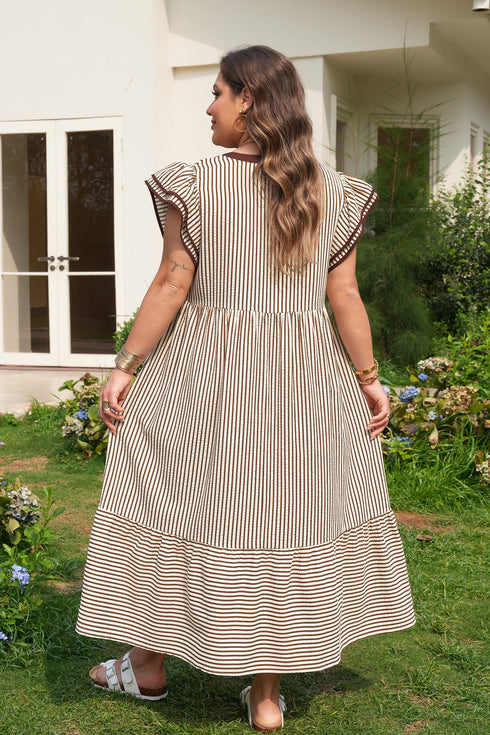 Stripe Slit V Neck Tiered Flutter Sleeve Maxi Dress