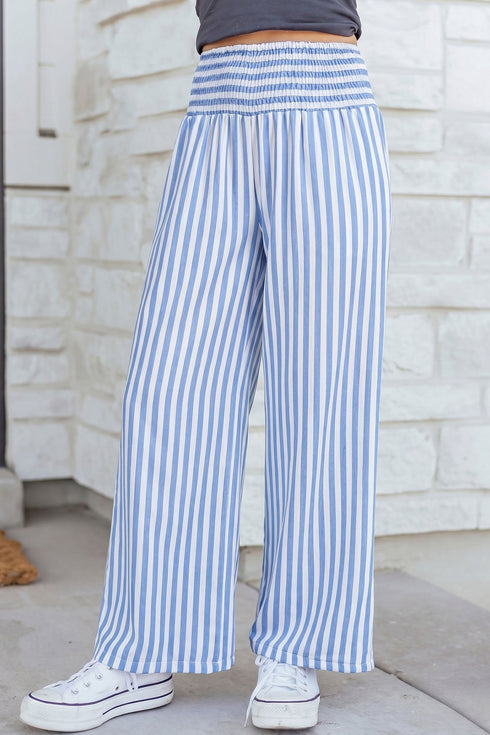 Stripe Smocked High Waist Wide Leg Casual Pants