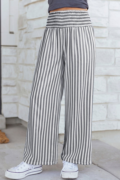 Stripe Smocked High Waist Wide Leg Casual Pants