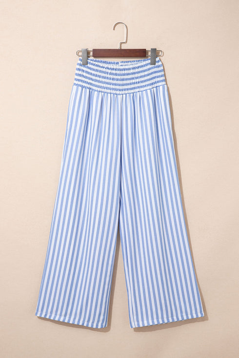 Stripe Smocked High Waist Wide Leg Casual Pants