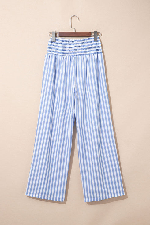 Stripe Smocked High Waist Wide Leg Casual Pants