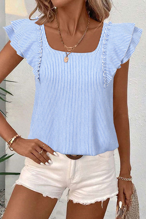 Stripe Square Neck Bow Detail Ruffle Sleeve Blouse
