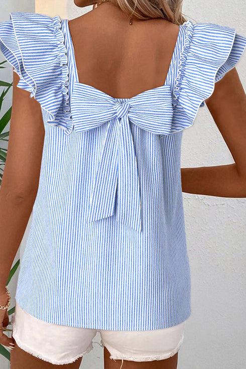 Stripe Square Neck Bow Detail Ruffle Sleeve Blouse