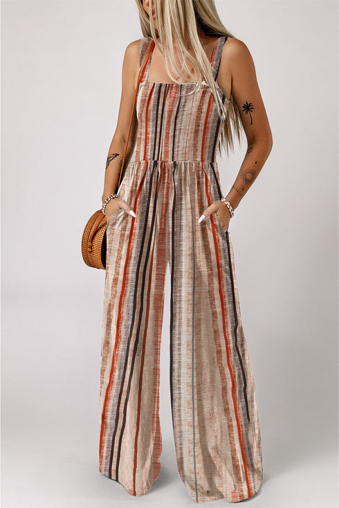 Stripe Square Neck Sleeveless Smocked Wide Leg Jumpsuit