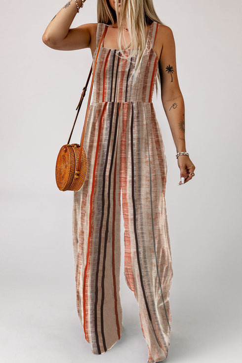 Stripe Square Neck Sleeveless Smocked Wide Leg Jumpsuit