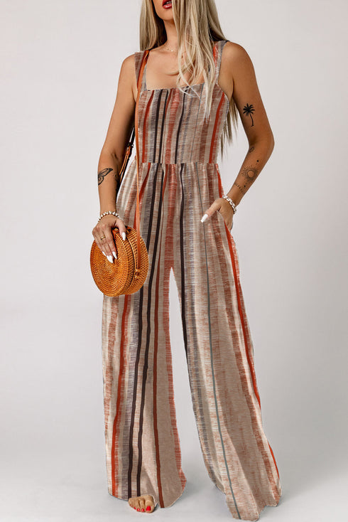 Stripe Square Neck Sleeveless Smocked Wide Leg Jumpsuit