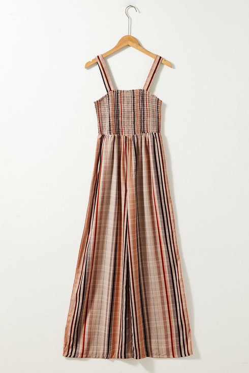 Stripe Square Neck Sleeveless Smocked Wide Leg Jumpsuit