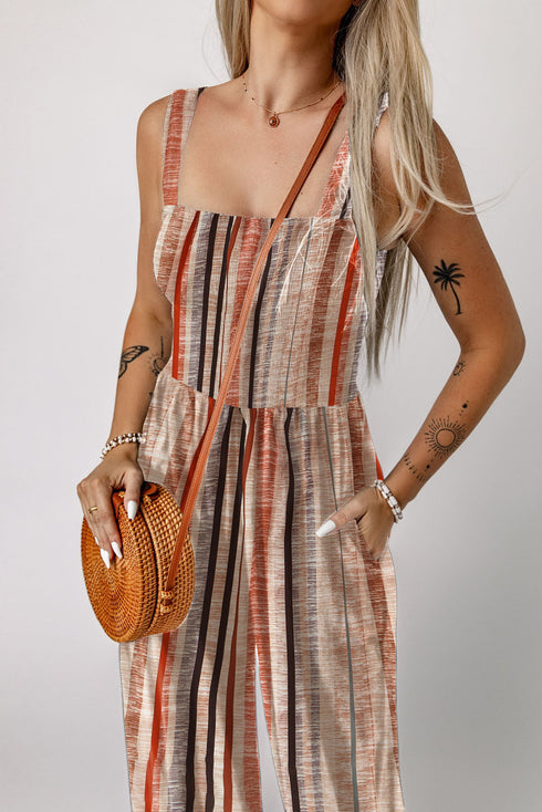Stripe Square Neck Sleeveless Smocked Wide Leg Jumpsuit