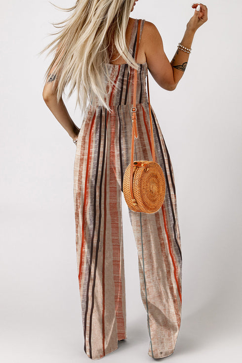 Stripe Square Neck Sleeveless Smocked Wide Leg Jumpsuit