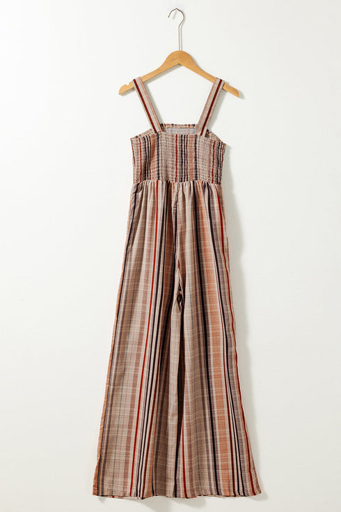 Stripe Square Neck Sleeveless Smocked Wide Leg Jumpsuit