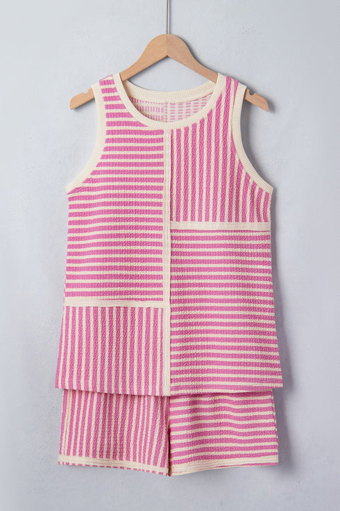 Stripe Textured Accent Trim Tank And Short Set