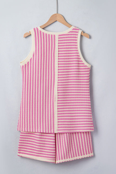Stripe Textured Accent Trim Tank And Short Set