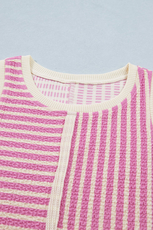 Stripe Textured Accent Trim Tank And Short Set