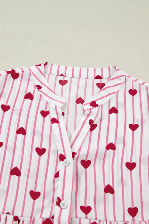 Stripe Textured Heart Print Long Flounce Sleeve Shirt