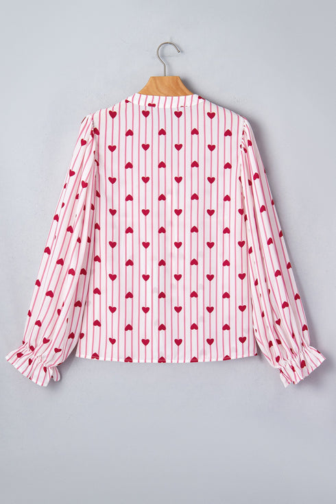Stripe Textured Heart Print Long Flounce Sleeve Shirt